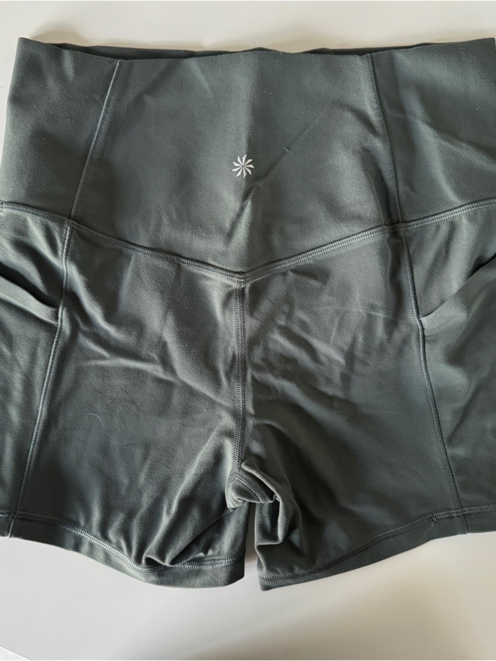 Athleta Salutation Stash High-Waist Women's Active Shorts in Olive/Slate Green - Picture 2 of 5